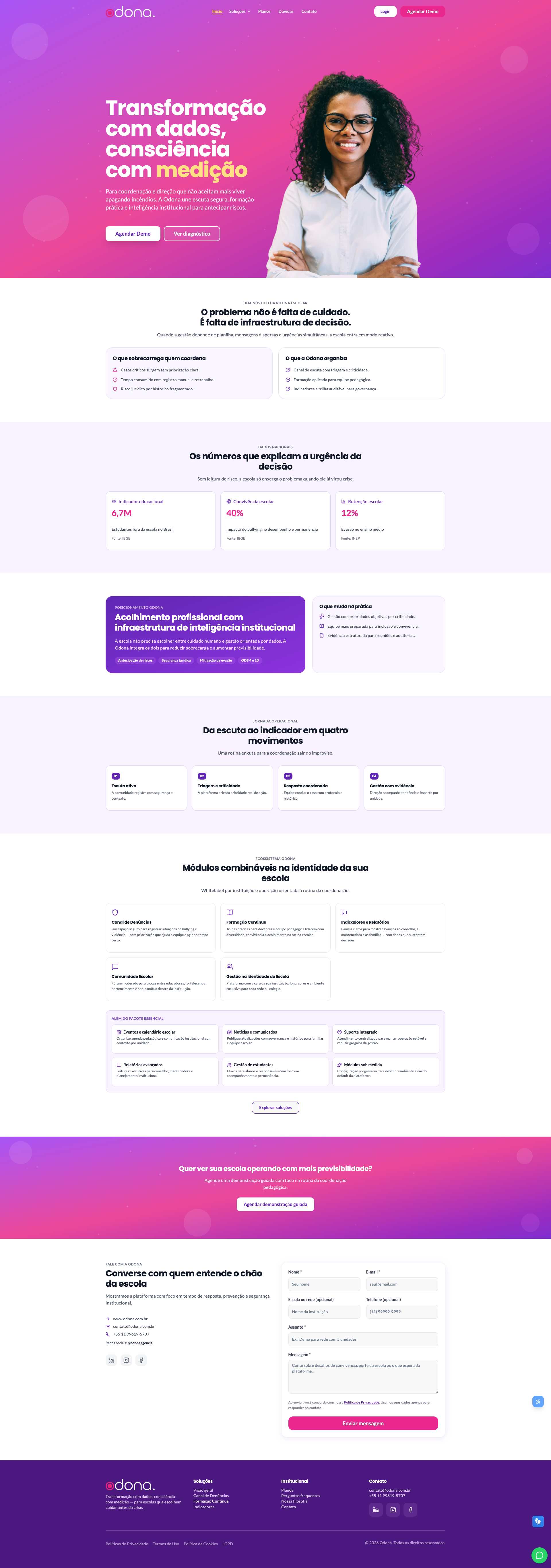 Site institucional Odona — plataforma de prevenção de bullying e evasão escolar